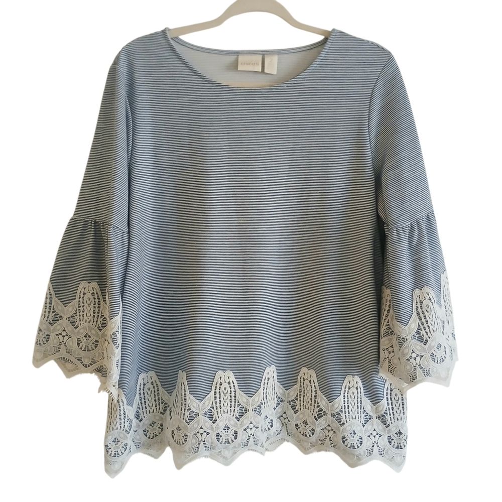 CHICO'S Striped Lace Top Women's L Blue White Nautical Bell Sleeve Peasant Prep